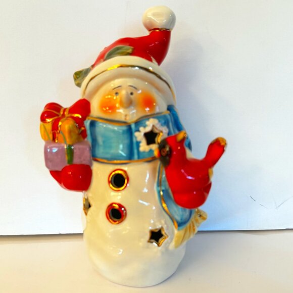 Christmas Snowman Cardinal Ceramic Lighted Figurine Gold Paint Highlights Gift - Picture 2 of 13